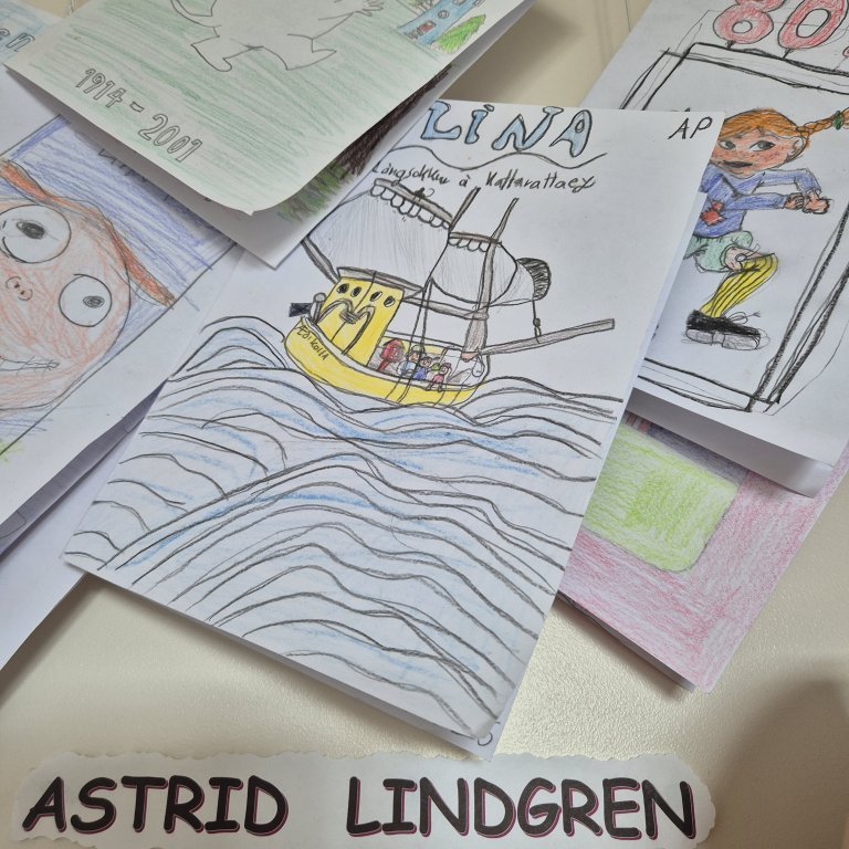 Í bókmenntaþema hjá 5. bekk kynntu nemendur sér fræga norræna barnabókahöfunda, æviferil þeirra og bækur. HC Andersen og ævintýrin hans, Tove Jansson og múmínálfana og svo Astrid Lindgren og allar hennar sögur en Lína langsokkur varð áttræð í fyrra. Afrakstur nemenda var fallegar myndskreyttar bækur með upplýsingum um höfund og uppáhaldssögur.
