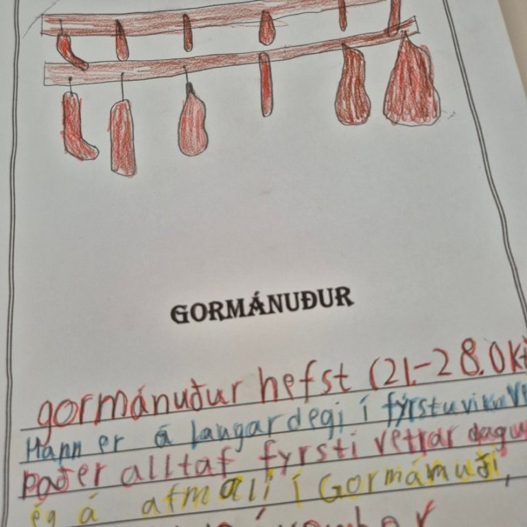 Í 6. - 7. bekk hafa nemendur kynnt sér gamla tímatalið og nöfn gömlu mánuðanna,  teiknuðu líka myndir til að lýsa hverjum mánuði.  Sumir eiga afmæli í gormánuði, aðrir í þorra, sólmánuði o.s.frv.