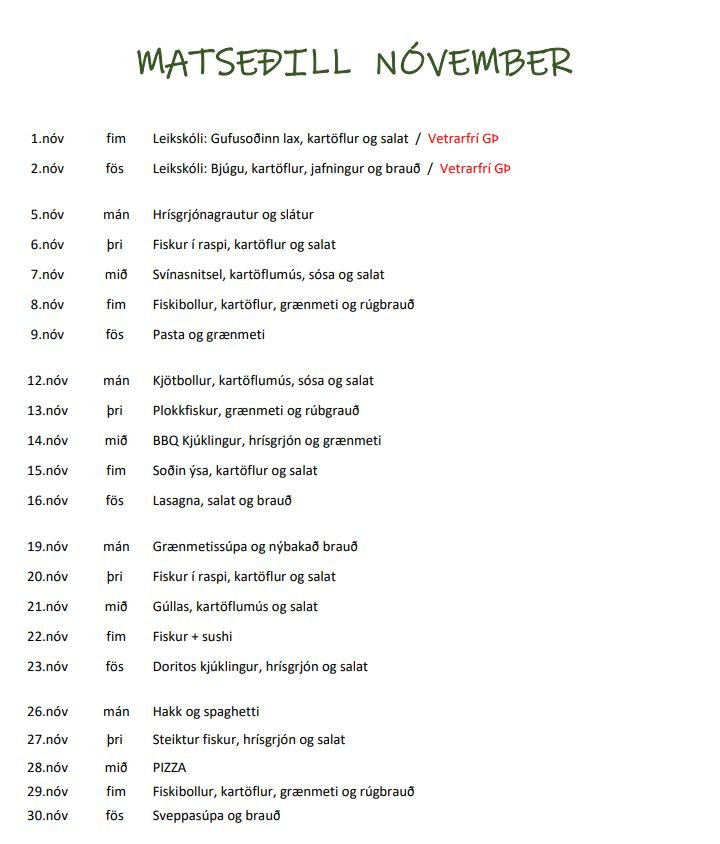 Matseðillinn í nóvember