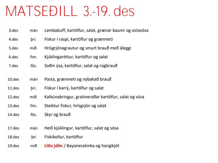 Matseðill fyrir desember