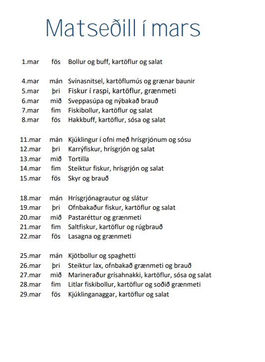 Matseðill fyrir mars