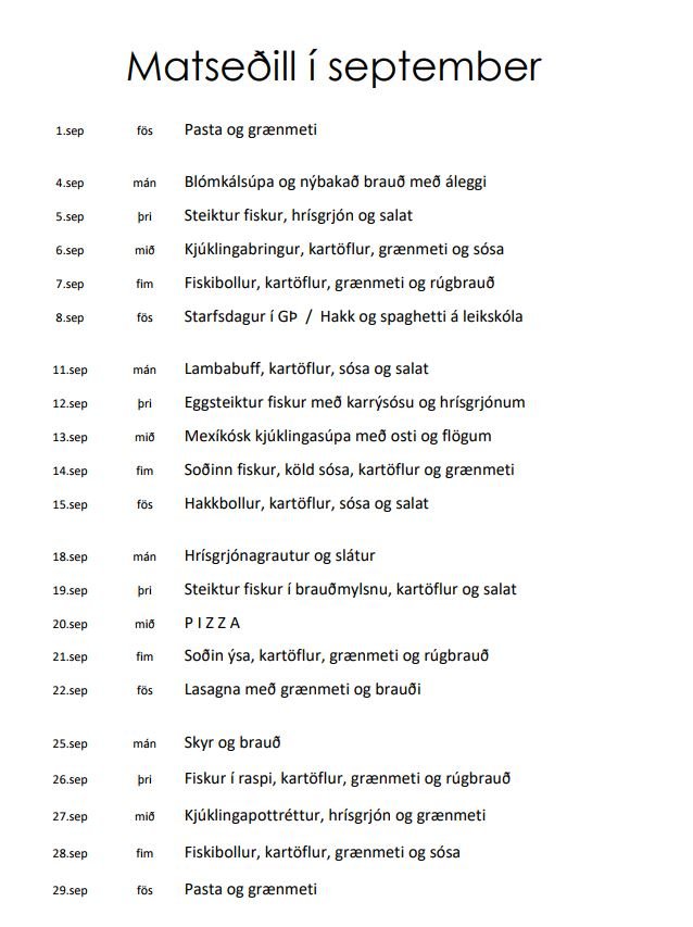 Matseðill fyrir september