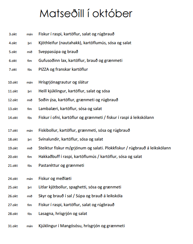 Matseðillinn í október