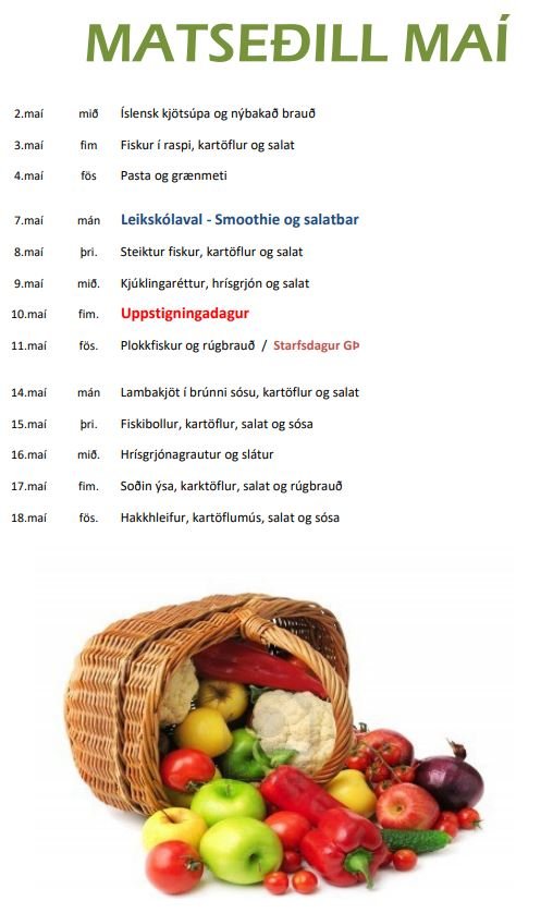 Matseðill fyrir maí 2018