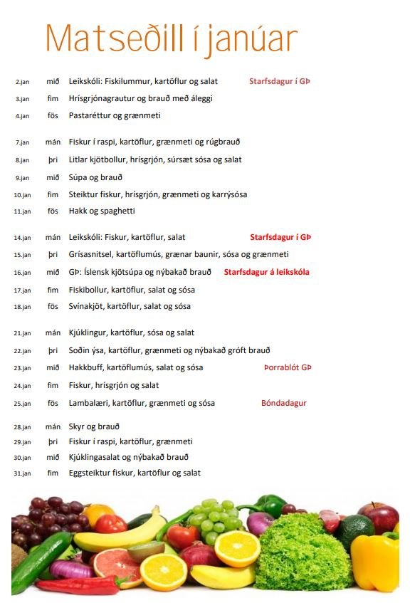 Matseðill fyrir janúar 2019