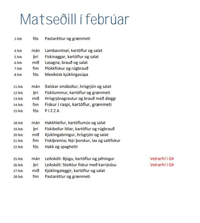 Matseðillinn í febrúar