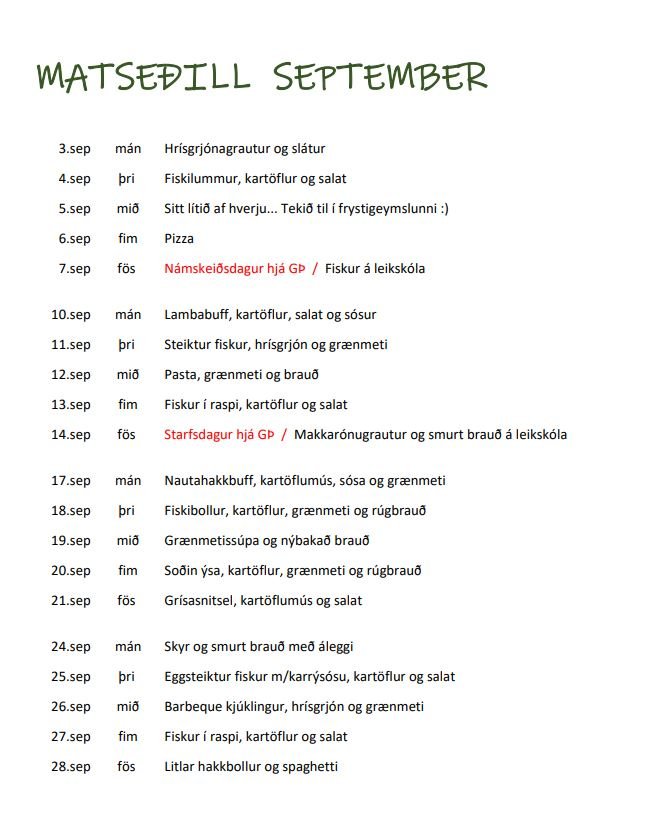 Matseðill fyrir september