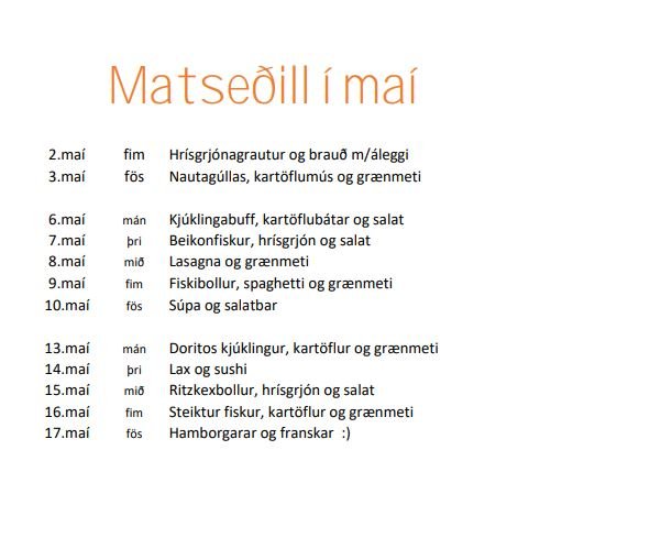 Matseðill fyrri hluta maí