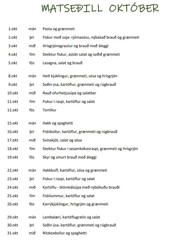 Matseðillinn í október