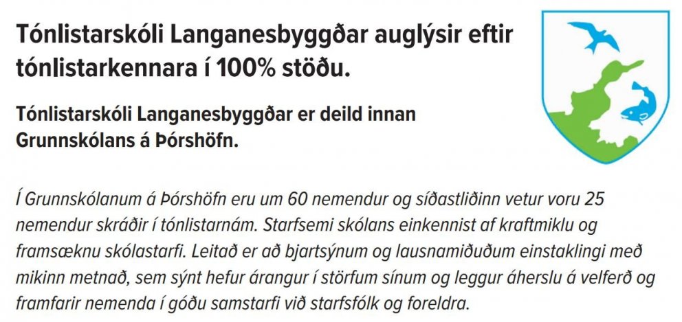 Tónlistarskóli Langanesbyggðar auglýsir eftir tónlistarkennara