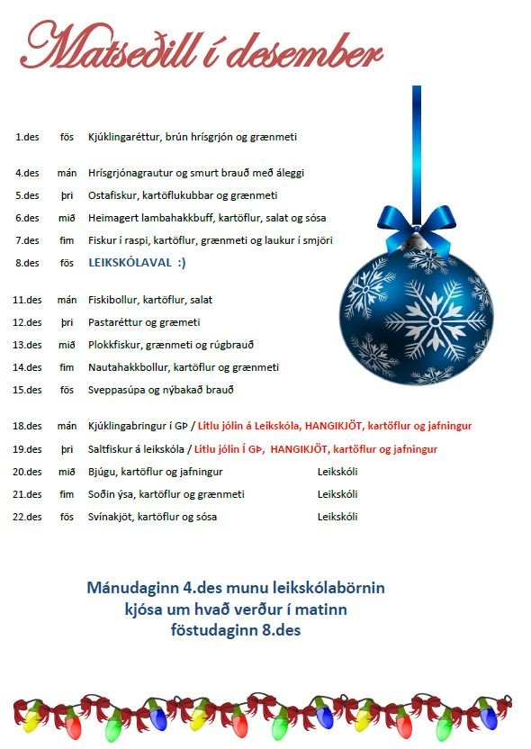 Matseðillinn fyrir desember 2017