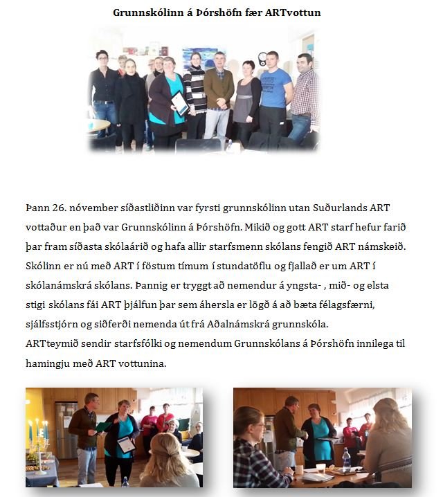 Grunnskólinn á Þórshöfn er með vottorð í ART!