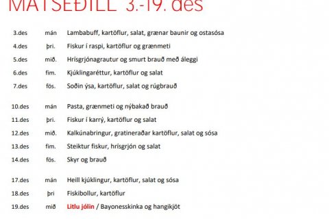 Matseðill fyrir desember