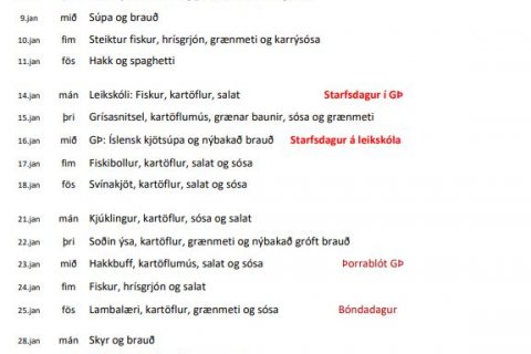 Matseðill fyrir janúar 2019